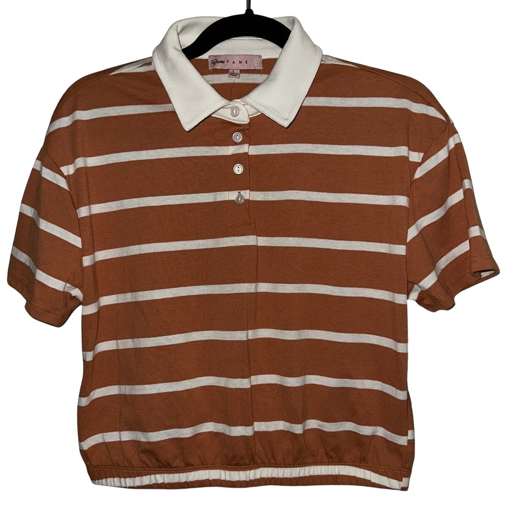 Crave‎ Fame Juniors Large Caramel White Striped Short Sleeve Polo Crop Top